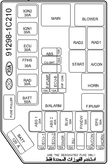 Under-hood fuse box diagram (Diesel): Hyundai Getz (2006, 2007, 2008, 2009, 2010)