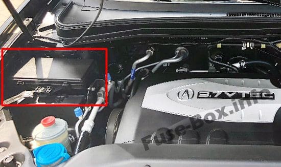 The location of the fuses in the engine compartment: Acura MDX (YD2; 2007, 2008, 2009, 2010, 2011, 2012, 2013)