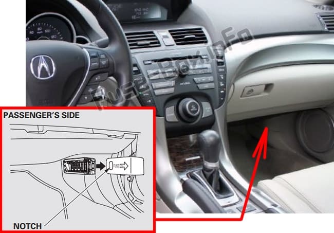 The location of the fuses in the passenger compartment: Acura TL (UA8/UA9; 2009-2014)