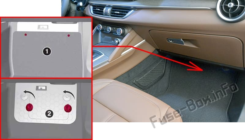 The location of the fuses in the passenger compartment: Alfa Romeo Stelvio (2017, 2018, 2019..)