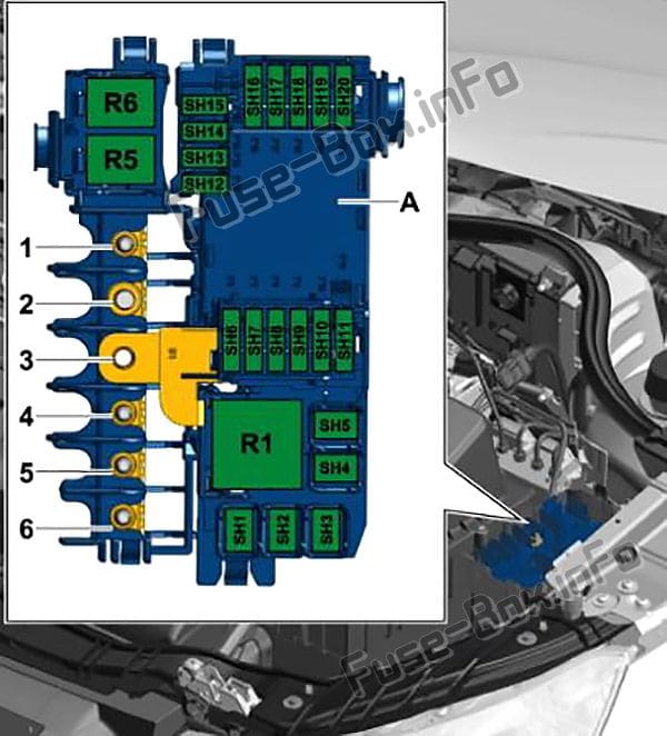 Fuses in the electronics box: Audi A1 (8X; 2010, 2011, 2012, 2013, 2014, 2015, 2016, 2017, 2018)