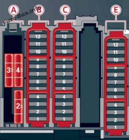 Trunk fuse box diagram: Audi A4/S4 (B8/8K; 2014, 2015, 2016)