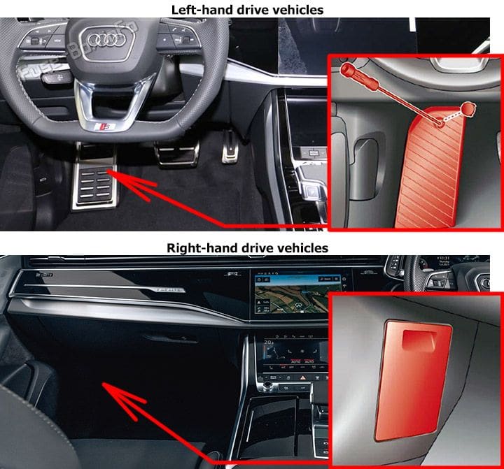 The location of the fuses in the passenger compartment: Audi Q7 (2020, 2021, 2022)