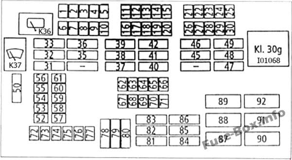 Interior fuse box diagram: BMW 3-Series (2008, 2009, 2010, 2011, 2012, 2013)