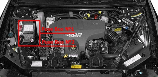 The location of the fuses in the engine compartment: Chevrolet Monte Carlo (2000, 2001, 2002, 2003, 2004, 2005)