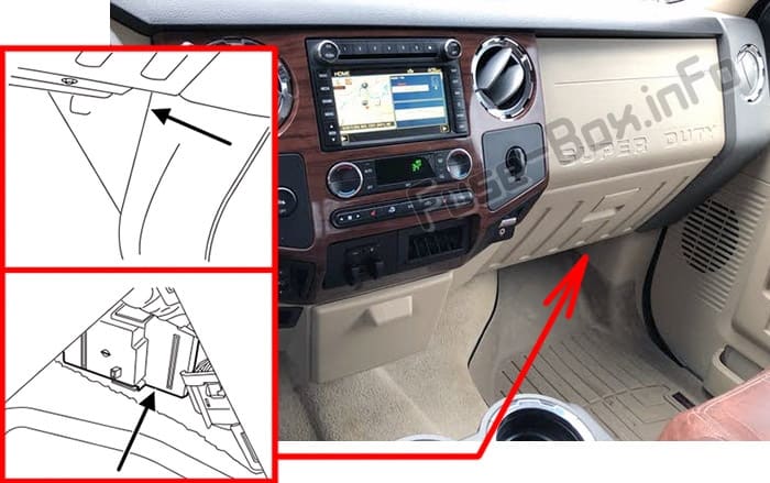 The location of the fuses in the passenger compartment: Ford F-250 / F-350 / F-450 / F-550 (2008-2012)