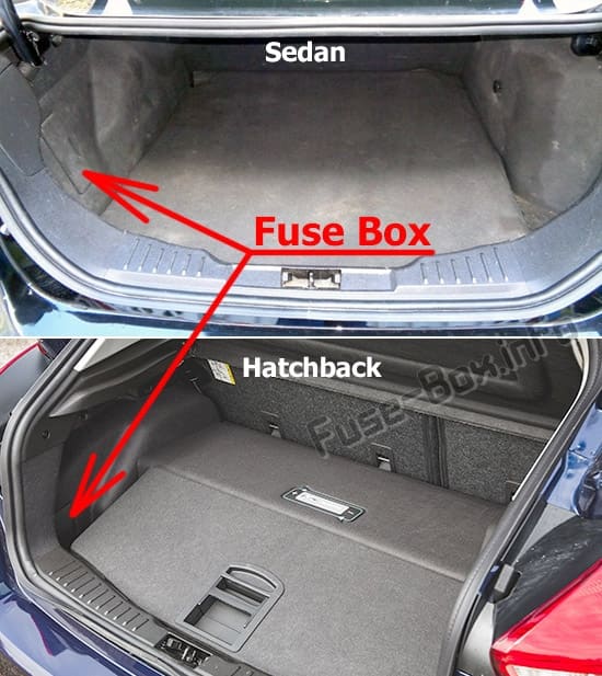 The location of the fuses in the trunk: Ford Focus Electric (2012-2018)