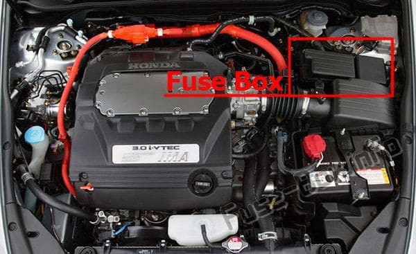 The location of the fuses in the engine compartment: Honda Accord Hybrid (2005, 2006)