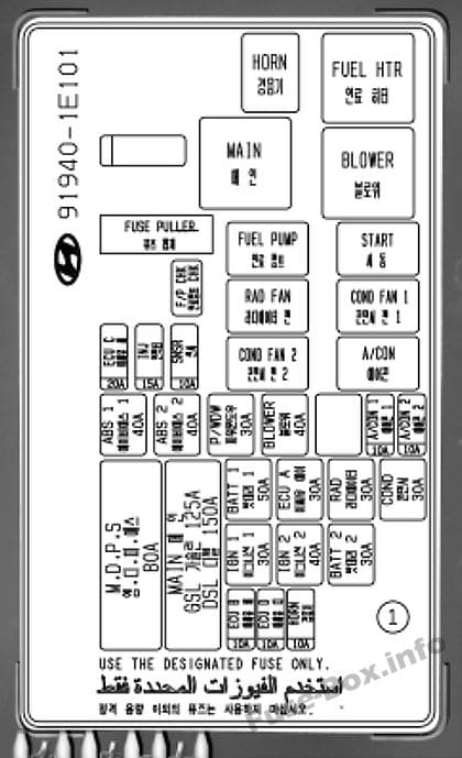 Under-hood fuse box diagram (Gasoline Engine): Hyundai Accent (2007, 2008, 2009, 2010, 2011)