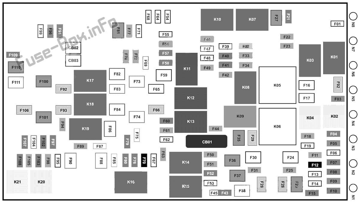 Under-hood fuse box diagram: Jeep Wrangler (JL; 2017, 2018)