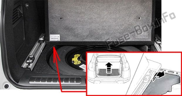 The location of the fuses in the trunk (under floor): Land Rover Range Rover Evoque (2012-2019)