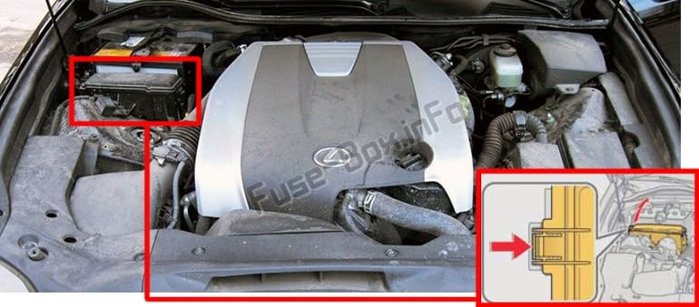 The location of the fuses in the engine compartment: Lexus GS250 / GS350 (L10; 2012-2017)