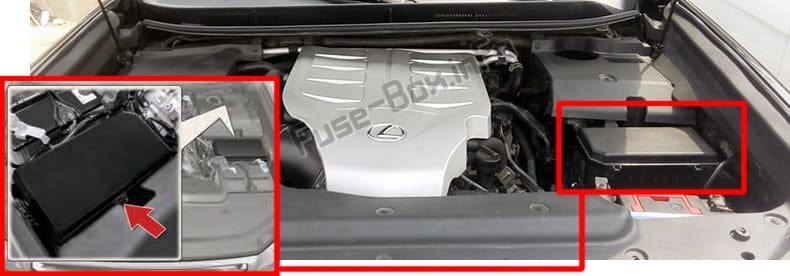 The location of the fuses in the engine compartment: Lexus GX460 (URJ150; 2010-2017)