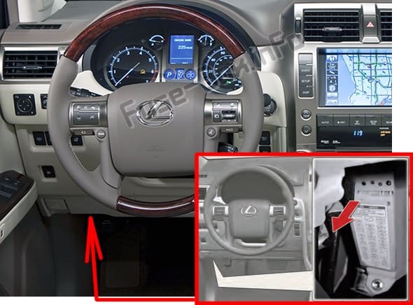 The location of the fuses in the passenger compartment: Lexus GX460 (URJ150; 2010-2017)