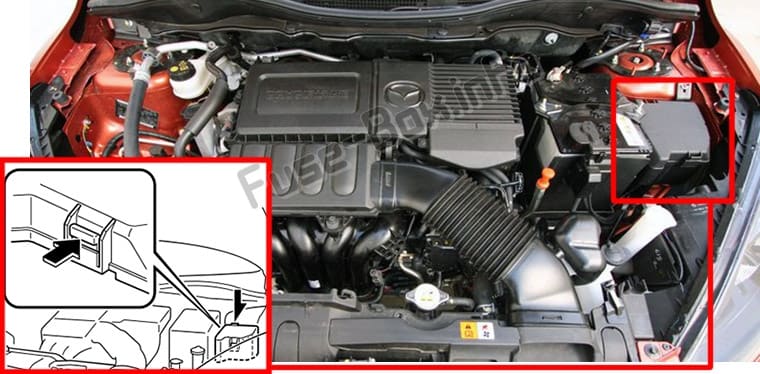 The location of the fuses in the engine compartment: Mazda 2 (DE; 2007-2014)