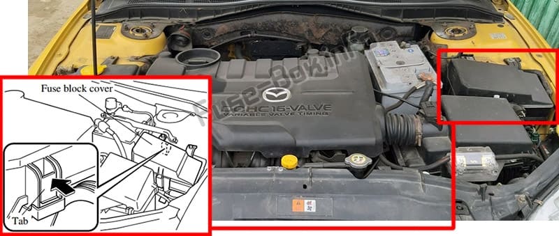 The location of the fuses in the engine compartment: Mazda 6 (GG1; 2003-2008)