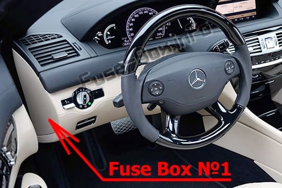 The location of the fuses in the passenger compartment: Mercedes-Benz CL-Class / S-Class (C216/W221; 2006-2014)