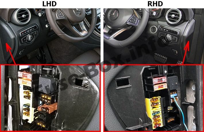 The location of the fuses in the passenger compartment: Mercedes-Benz GLC-Class (X253/C253; 2015-2019..)