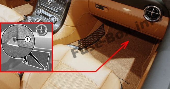 The location of the fuses in the passenger compartment: Mercedes-Benz SLS AMG (2011-2015)