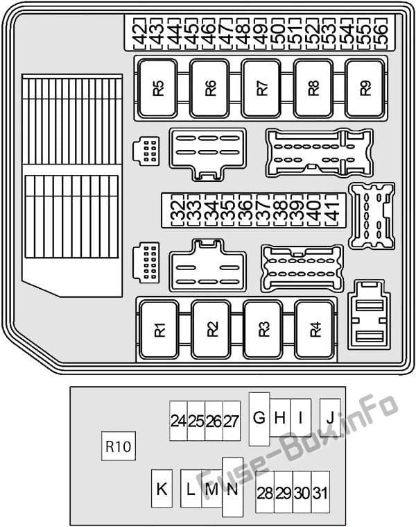 Under-hood fuse box diagram: Nissan Frontier (2005, 2006, 2007, 2008, 2009)