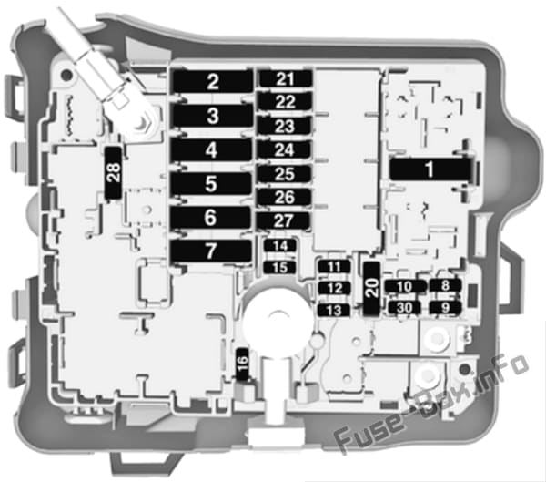 Under-hood fuse box diagram: Opel/Vauxhall Crossland X (2017, 2018, 2019-...)