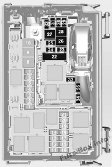 Under-hood fuse box diagram: Opel/Vauxhall Meriva B (2011, 2012, 2013, 2014, 2015, 2016, 2017)