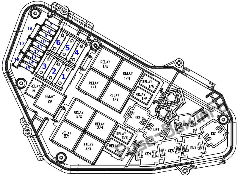 Under-hood fuse box diagram: Porsche Cayenne (2003, 2004, 2005, 2006, 2007, 2008, 2009, 2010)