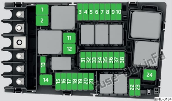 Under-hood fuse box diagram: SEAT Ateca (2016, 2017, 2018, 2019)