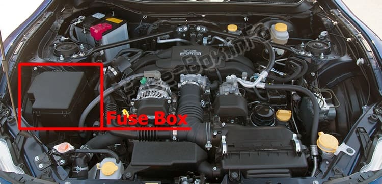 The location of the fuses in the engine compartment: Scion FR-S (2012-2016)