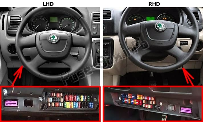 The location of the fuses in the passenger compartment: Skoda Fabia (Mk2/5J; 2007-2014)