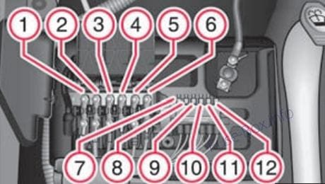 Under-hood fuse box diagram (AT): Skoda Roomster (2006, 2007, 2008, 2009)