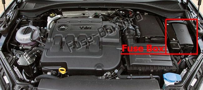 The location of the fuses in the engine compartment: Skoda Superb (2015-2019)