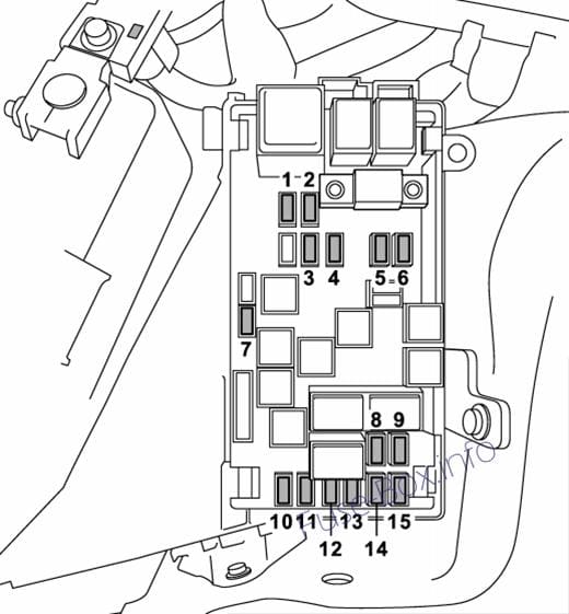 Under-hood fuse box diagram: Subaru Tribeca (2010, 2011, 2012, 2013, 2014)