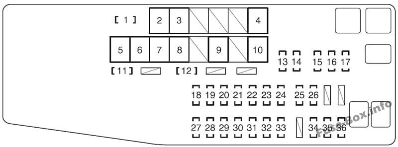 Under-hood fuse box diagram: Toyota Avalon (2013, 2014, 2015, 2016, 2017, 2018)