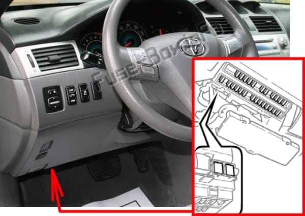 The location of the fuses in the passenger compartment: Toyota Camry Solara (2004-2008)