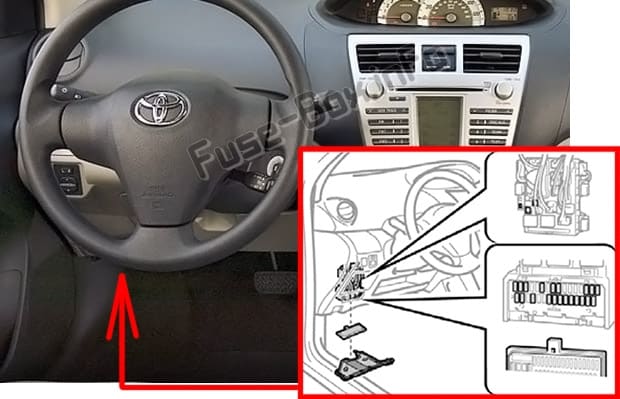 The location of the fuses in the passenger compartment: Toyota Yaris / Vitz / Belta (XP90; 2005-2013)