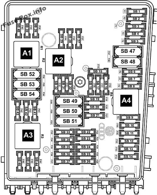Under-hood fuse box diagram (type 1): Volkswagen Passat B6 (2005, 2006, 2007, 2008, 2009, 2010)
