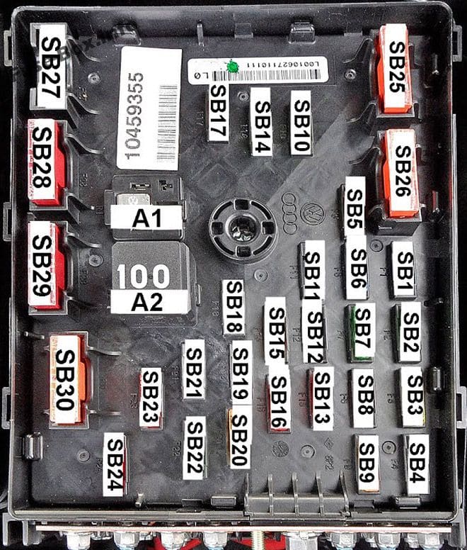 Under-hood fuse box diagram (type 2): Volkswagen Passat B6 (2005, 2006, 2007, 2008, 2009, 2010)